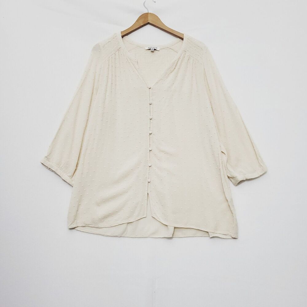 Rose + Olive Top Womens 1X Plus Ivory Textured Button Boho Smocked Blouse